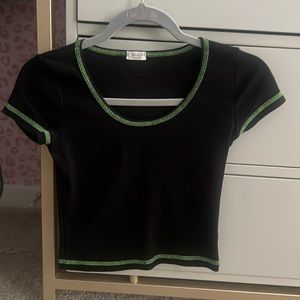John Galt Black Cropped T-shirt with Green Stitching